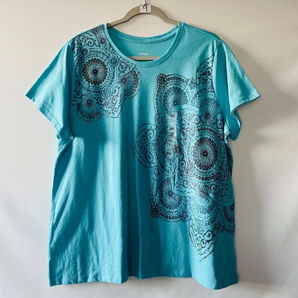 Sonoma Goods For Life Womens Blue Relaxed Fit Floral Comfy T-Shirt Size XXL